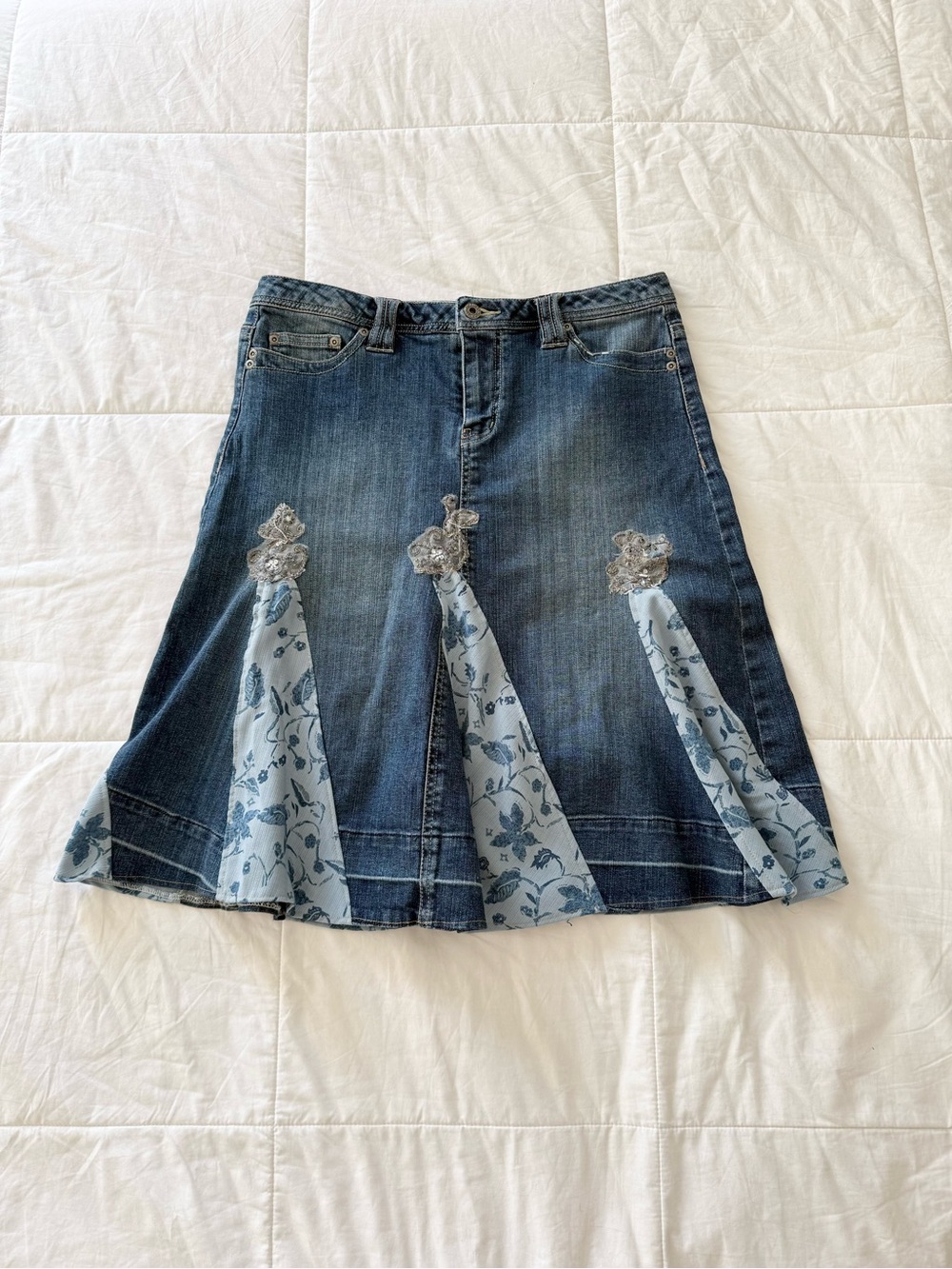 Vintage Y2K Denim lace embroidered midi skirt.